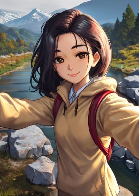 00086-536479090-((selfie)) photo of MeiyuCipher, smiling, outdoors, mountains, wearing a backpack, sweater, and hiking jacket, rocks, river, woo.jpg